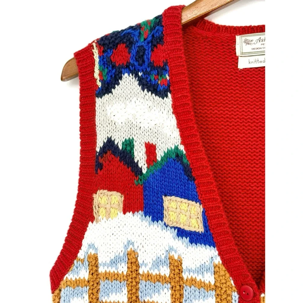 Vtg Ashley Petites Medium Hand Knit Christmas Sweater Cardigan V-Neck Button Red